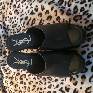 YSL Saint Laurent Leather Heels Mules Sandal Slide